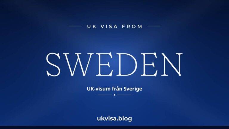 Home 10 UK visa from Sweden featured image — Sweden in white serif type with the Swedish line "UK-visum från Sverige" on a dark blue national-colour background