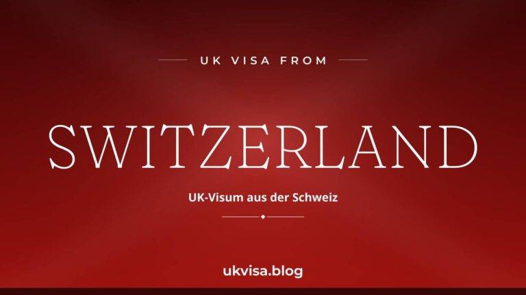 Home 11 UK visa from Switzerland featured image — Switzerland in white serif type with the German line "UK-Visum aus der Schweiz" on a dark red national-colour background