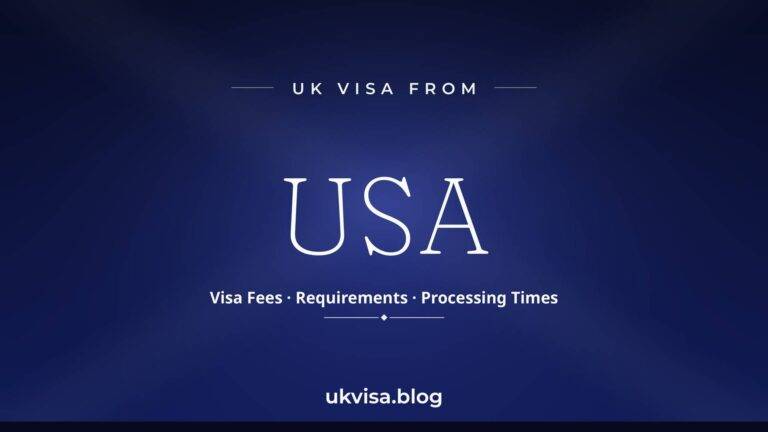 Home 10 UK visa from USA featured image — USA in white serif type with "Visa Fees · Requirements · Processing Times" on a dark navy blue national-colour background