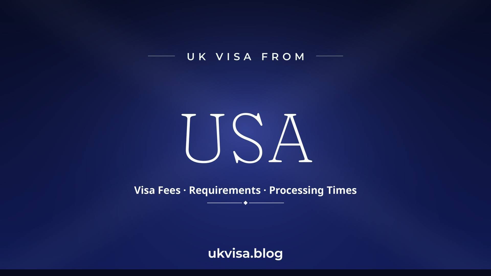 UK visa from USA featured image — USA in white serif type with "Visa Fees · Requirements · Processing Times" on a dark navy blue national-colour background