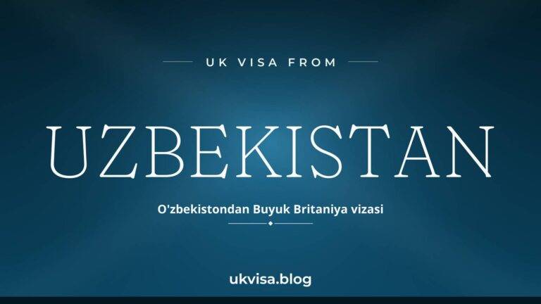 Home 9 UK visa from Uzbekistan featured image — Uzbekistan in white serif type with the Uzbek line "O'zbekistondan Buyuk Britaniya vizasi" on a dark blue national-colour background