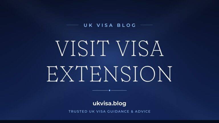 Home 5 UK Visa Blog featured image — "Visit Visa Extension" in white serif type on a navy blue background with Union Jack light beams