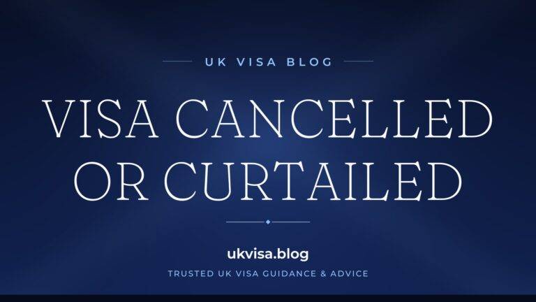Home 3 UK Visa Blog featured image — "Visa Cancelled or Curtailed" in white serif type on a navy blue background with Union Jack light beams