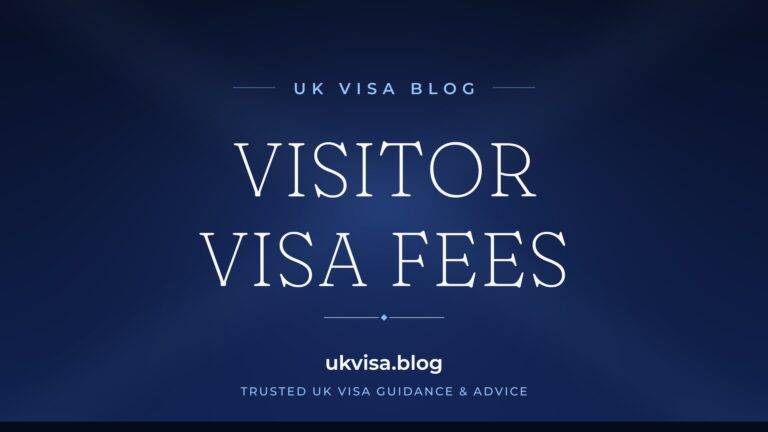 UK Visa Blog featured image — "Visitor Visa Fees" in white serif type on a navy blue background with Union Jack light beams