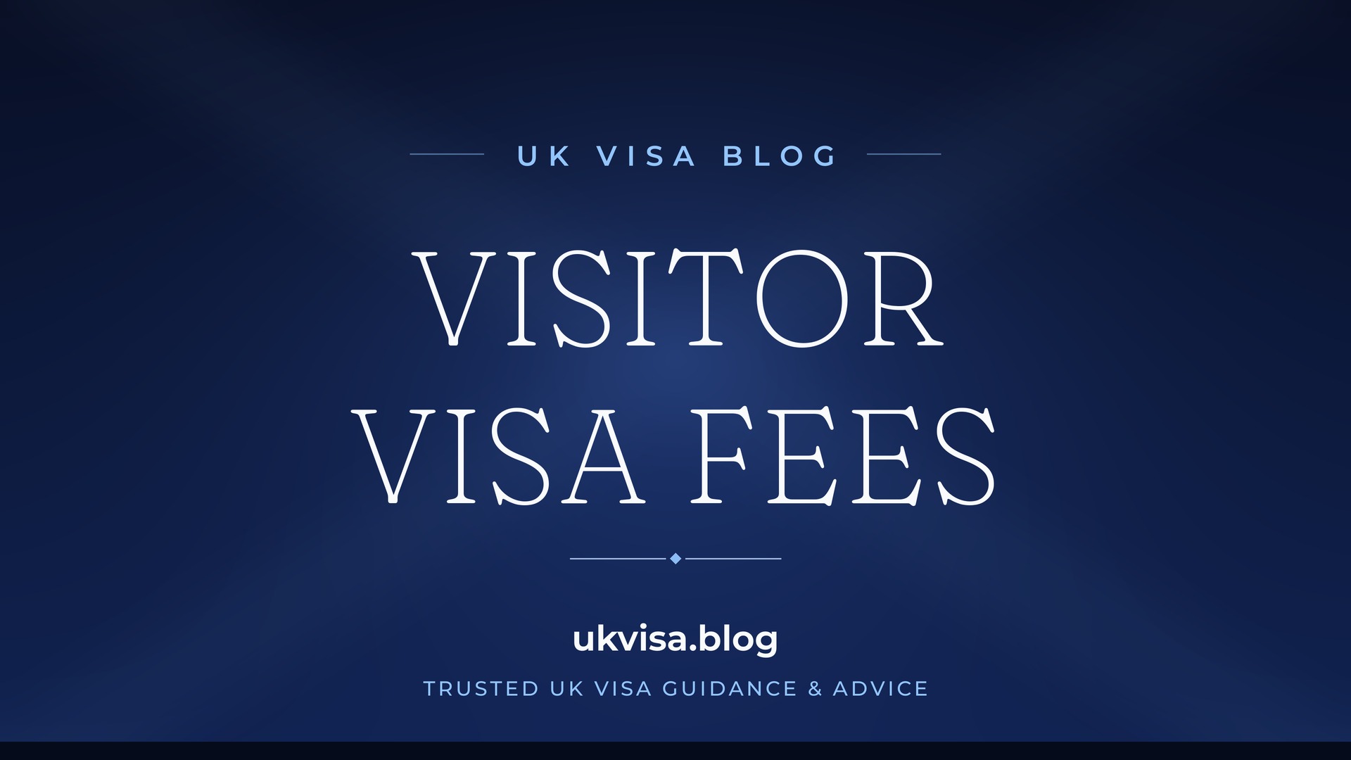 UK Visa Blog featured image — "Visitor Visa Fees" in white serif type on a navy blue background with Union Jack light beams