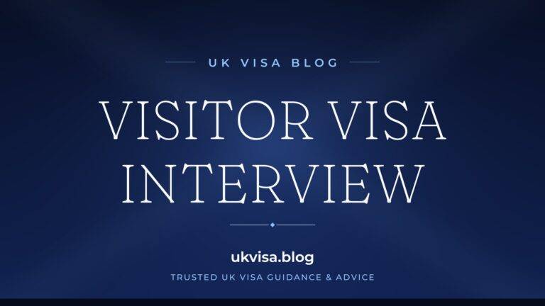 Home 6 UK Visa Blog featured image — "Visitor Visa Interview" in white serif type on a navy blue background with Union Jack light beams