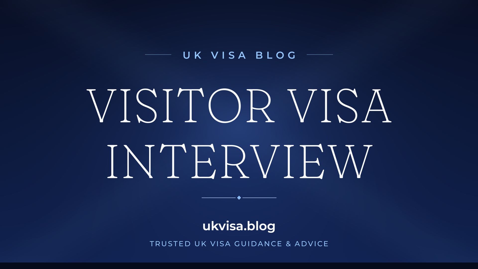 UK Visa Blog featured image — "Visitor Visa Interview" in white serif type on a navy blue background with Union Jack light beams