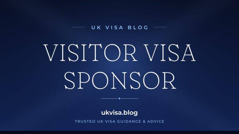 Home 7 UK Visa Blog featured image — "Visitor Visa Sponsor" in white serif type on a navy blue background with Union Jack light beams