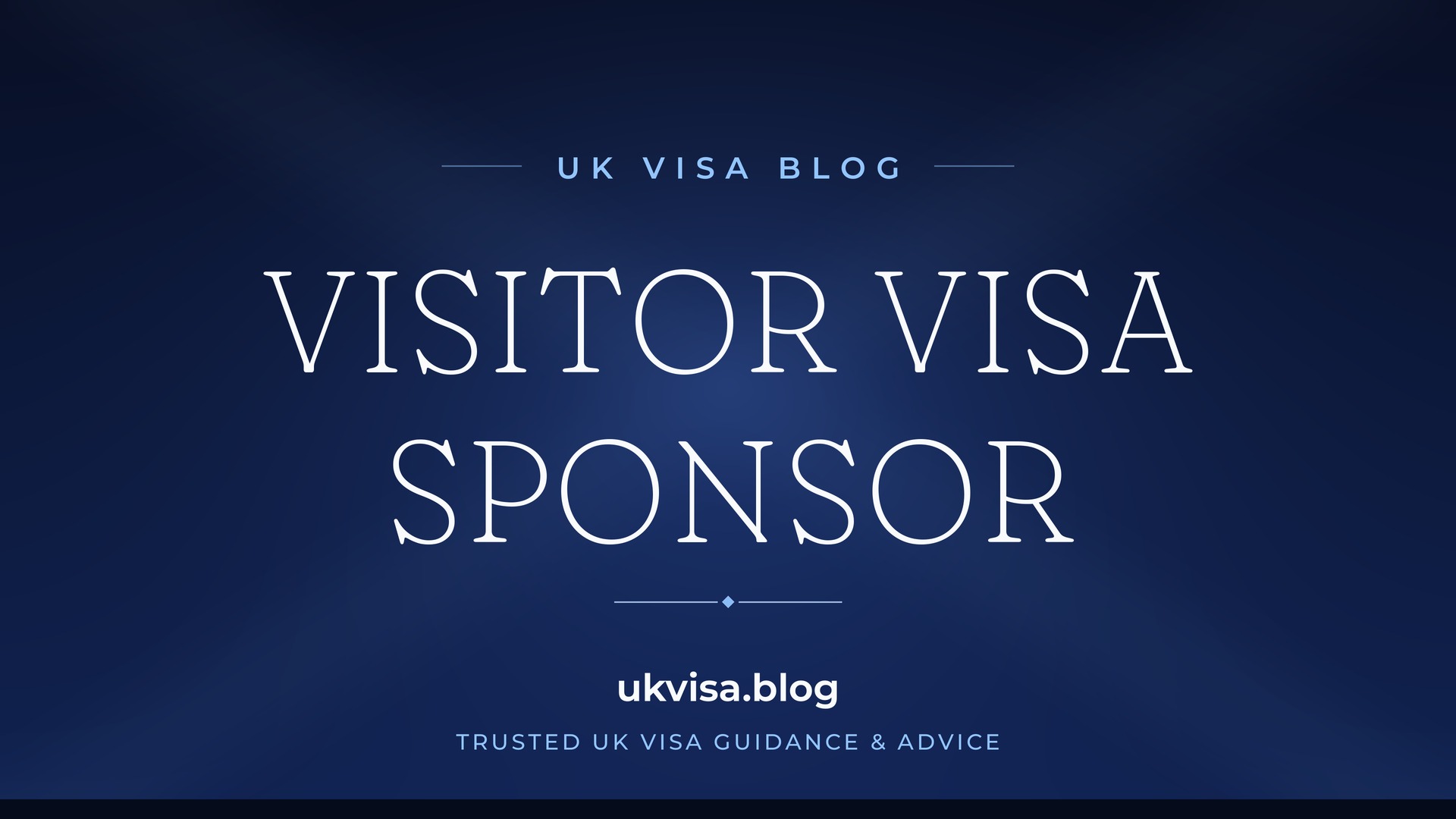 UK Visa Blog featured image — "Visitor Visa Sponsor" in white serif type on a navy blue background with Union Jack light beams