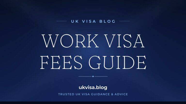 Home 11 UK Visa Blog featured image — "Work Visa Fees Guide" in white serif type on a navy blue background with Union Jack light beams