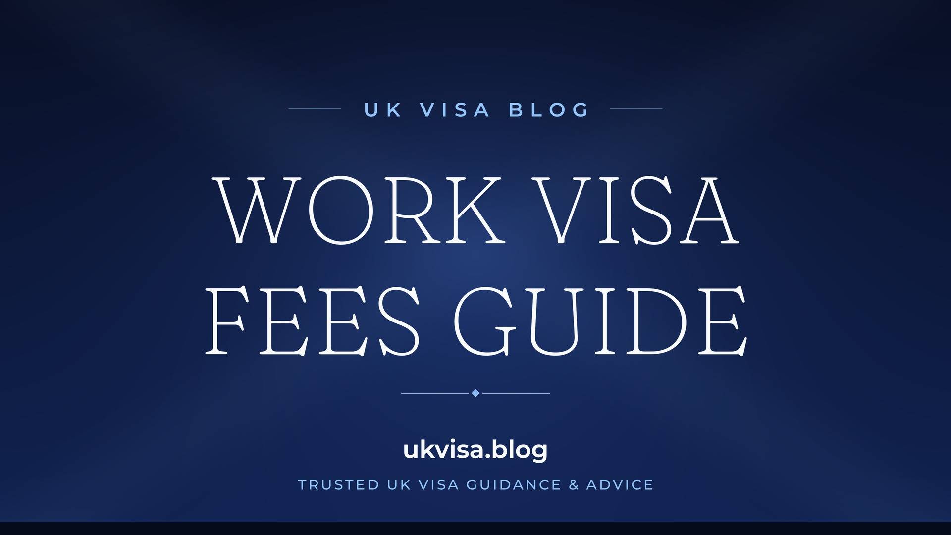 UK Visa Blog featured image — "Work Visa Fees Guide" in white serif type on a navy blue background with Union Jack light beams