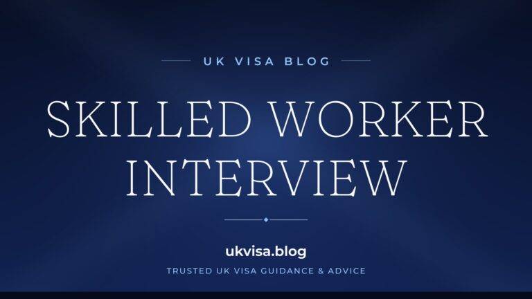 Home 8 UK Visa Blog featured image — "Skilled Worker Interview" in white serif type on a navy blue background with Union Jack light beams