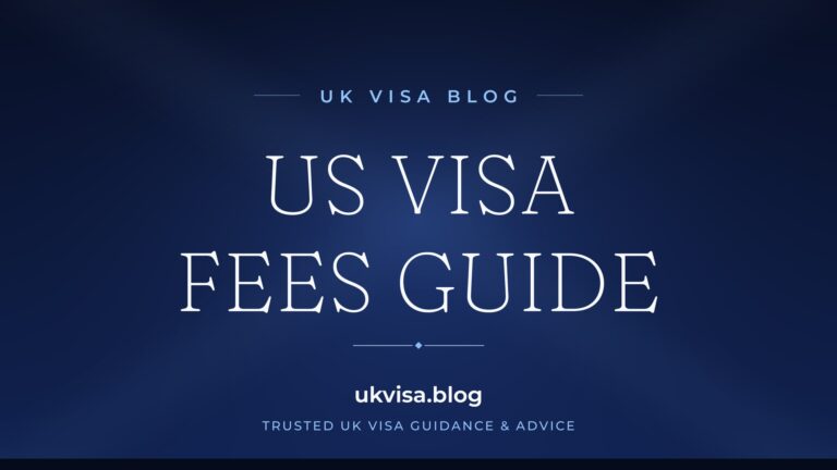 Home 11 UK Visa Blog featured image — "US Visa Fees Guide" in white serif type on a navy blue background with Union Jack light beams