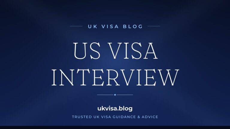 Home 3 UK Visa Blog featured image — "US Visa Interview" in white serif type on a navy blue background with Union Jack light beams