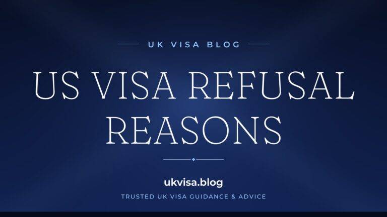 Home 8 UK Visa Blog featured image — "US Visa Refusal Reasons" in white serif type on a navy blue background with Union Jack light beams