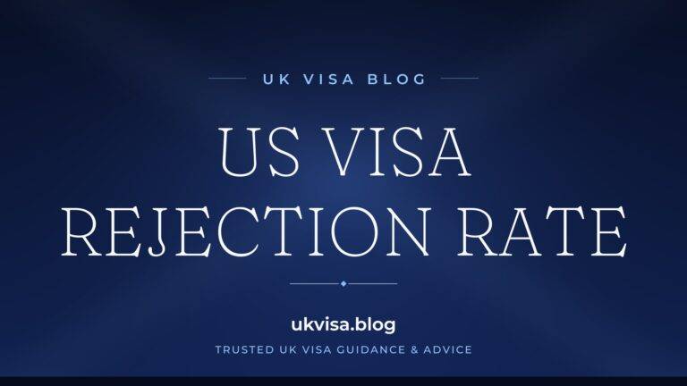 Home 12 UK Visa Blog featured image — "US Visa Rejection Rate" in white serif type on a navy blue background with Union Jack light beams