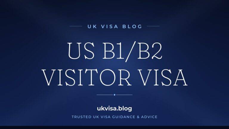 Home 5 UK Visa Blog featured image — "US B1/B2 Visitor Visa" in white serif type on a navy blue background with Union Jack light beams