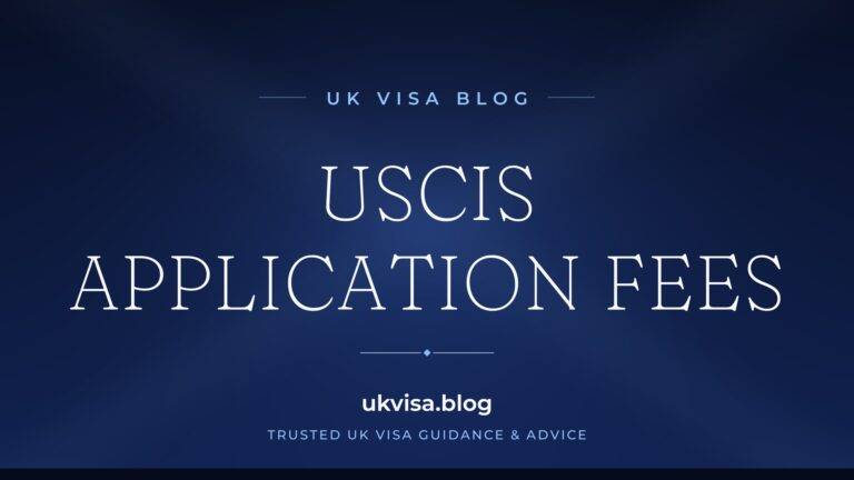 Home 2 UK Visa Blog featured image — "USCIS Application Fees" in white serif type on a navy blue background with Union Jack light beams