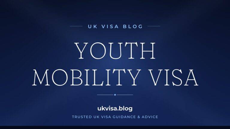 Home 10 UK Visa Blog featured image — "Youth Mobility Visa" in white serif type on a navy blue background with Union Jack light beams