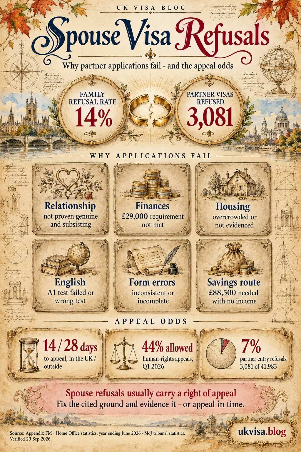UK Spouse Visa Refusal Reasons 2026: Complete Guide 1 Parchment-style infographic, Spouse Visa Refusals: why partner applications fail - and the appeal odds.
