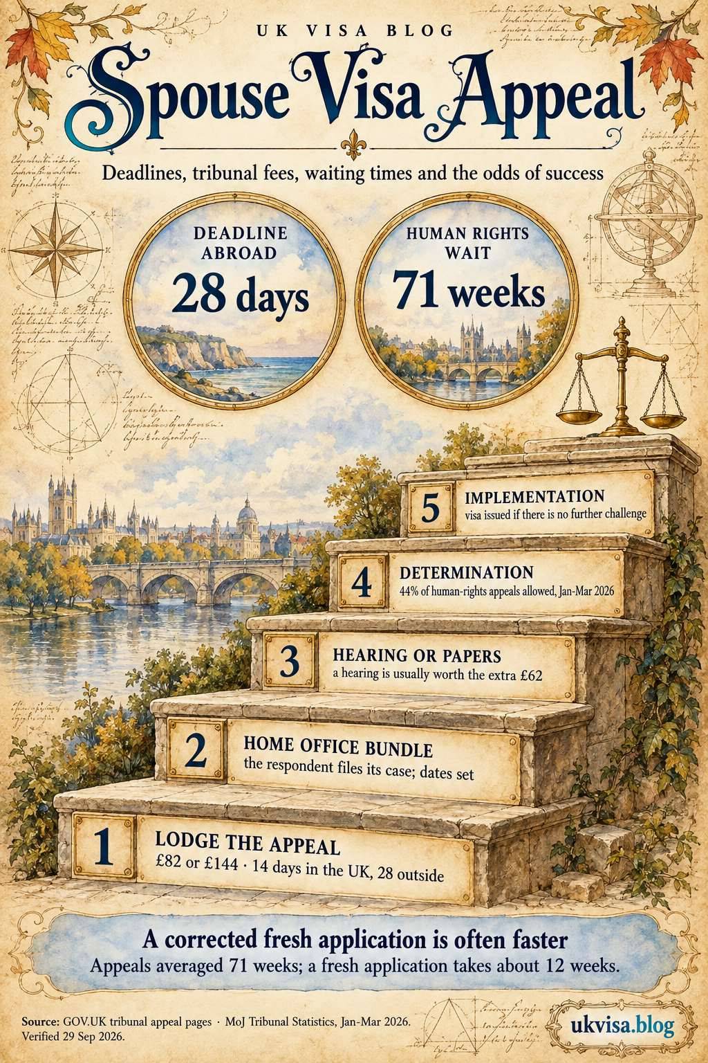 UK Spouse Visa Appeal Timeline 2026: Process, Cost & How Long It Takes 1 Parchment-style infographic, Spouse Visa Appeal: deadlines, tribunal fees, waiting times and the odds of success.