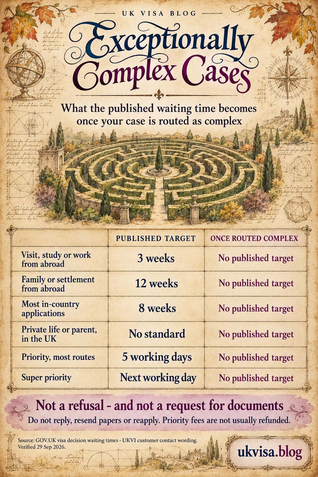 UK Visa "Exceptionally Complex Issues" Email 2026: Meaning, Timeline & Action 1 Parchment-style infographic, Exceptionally Complex Cases: what the published waiting time becomes once your case is routed as complex.