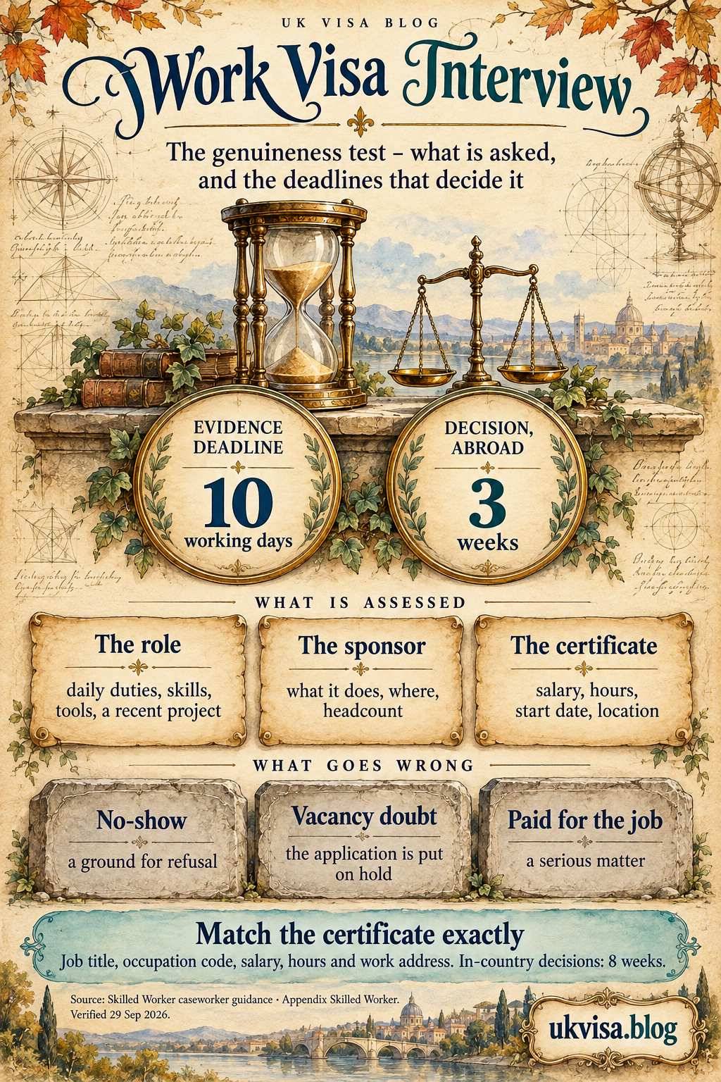 Parchment-style infographic, Work Visa Interview: the genuineness test - what is asked, and the deadlines that decide it.