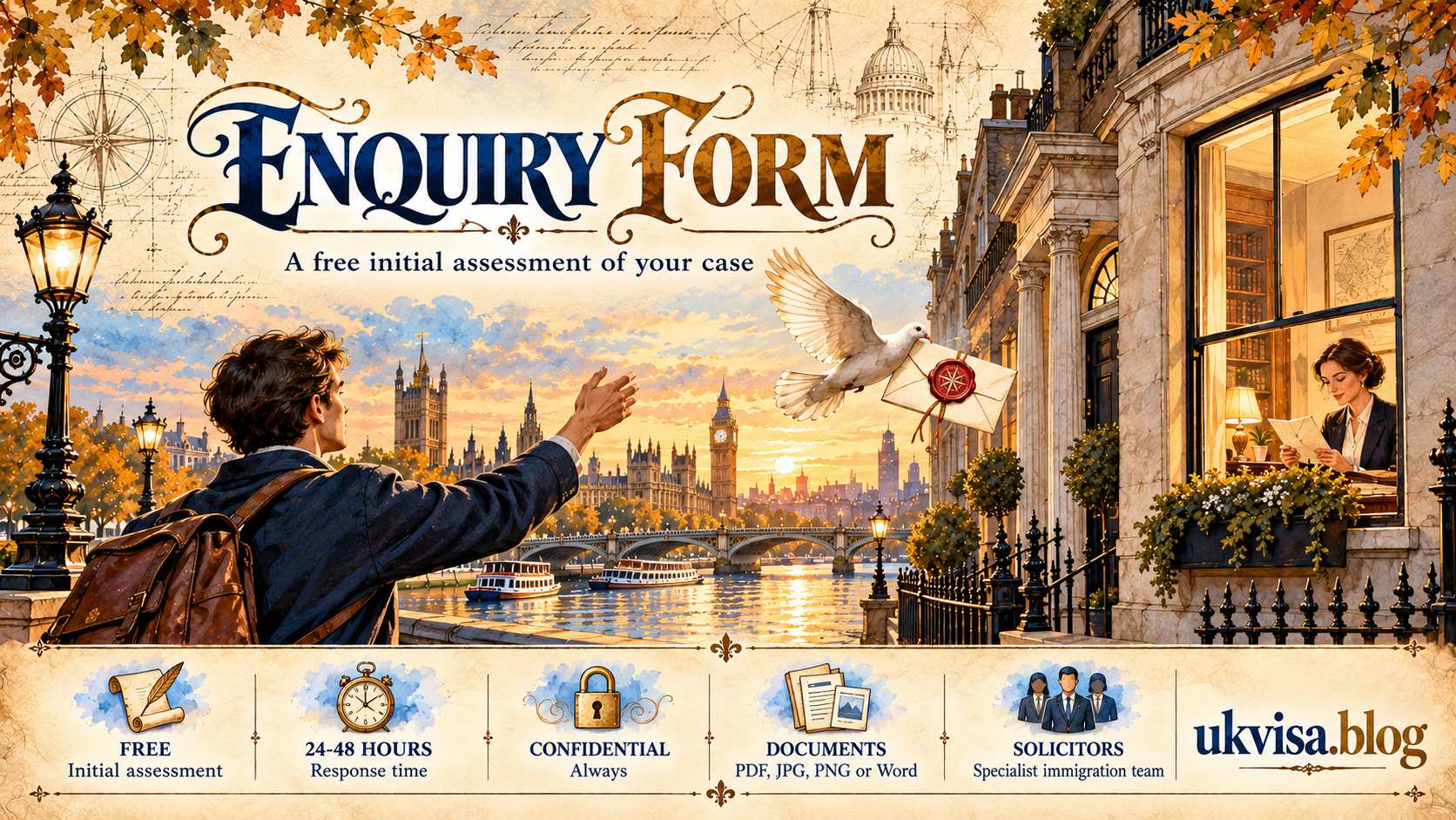 A traveller releases a carrier pigeon with a sealed enquiry across the Thames to a solicitor's office window