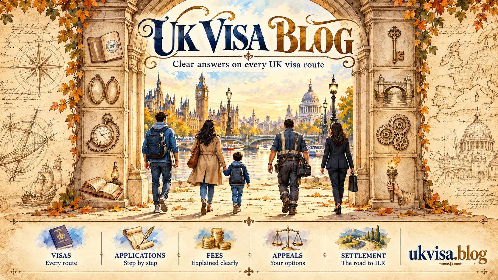 Travellers walk through a stone archway carved with eight visa emblems towards Westminster and St Paul's
