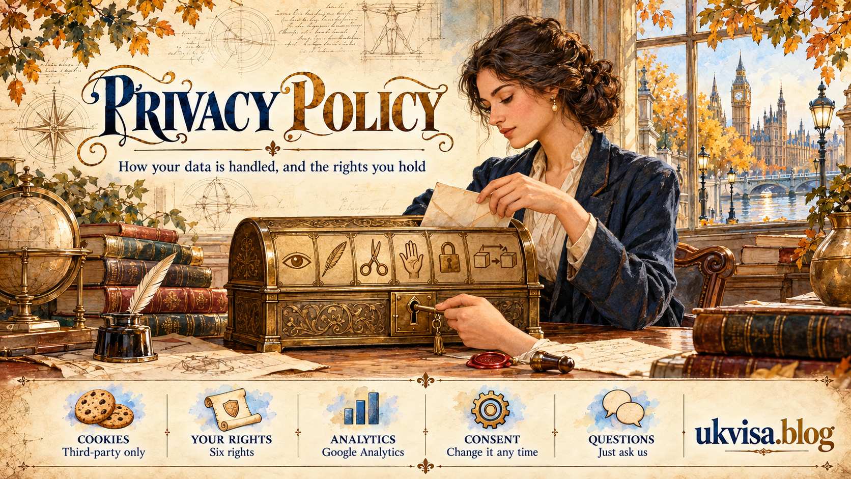 Our Privacy Policy to Protect Your Personal Information 1 A woman in a Georgian study locks a letter in a brass casket engraved with six data-rights symbols